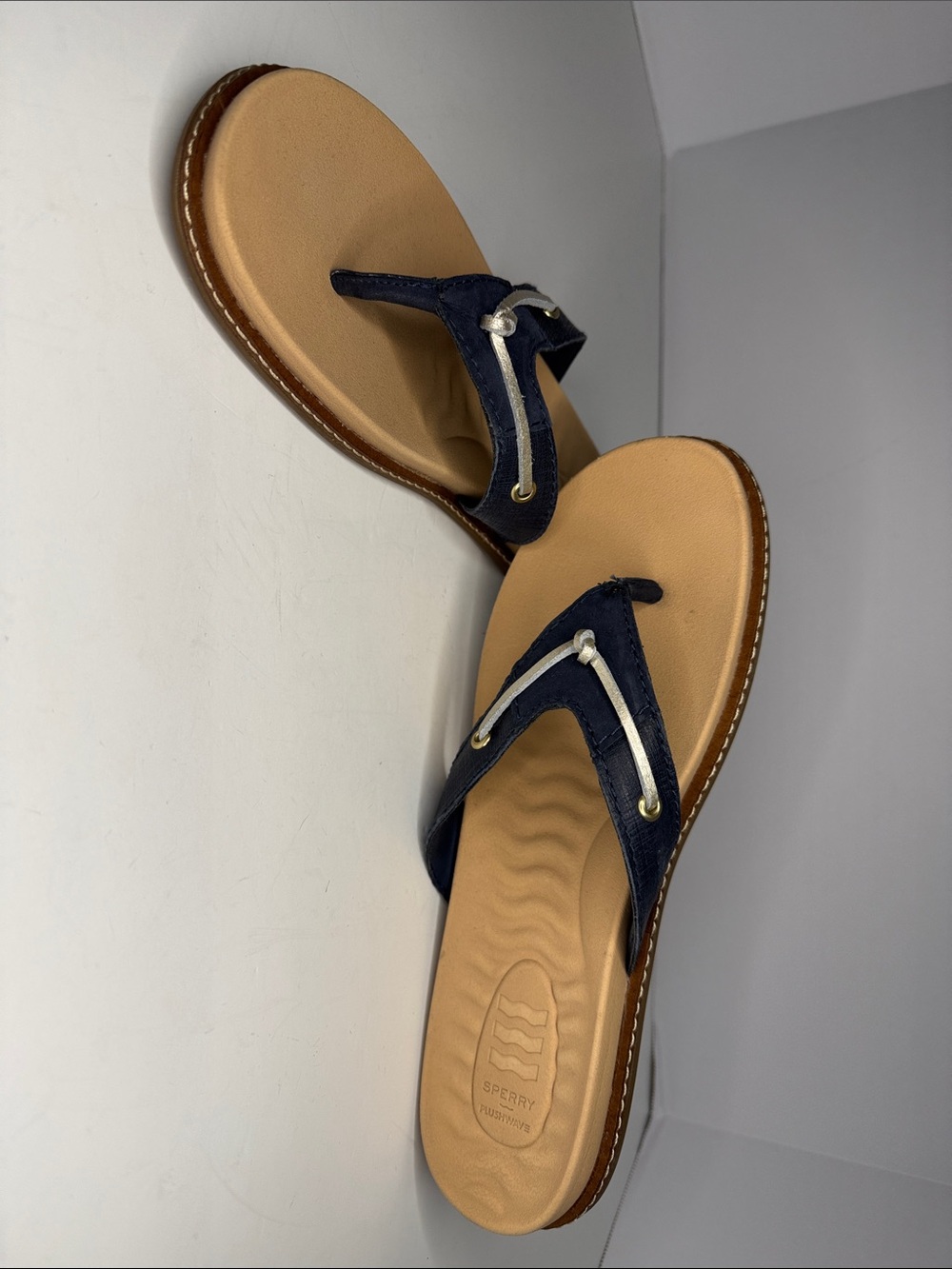 Sperry Navy and Tan Leather Thong Sandals with Silver Accents